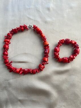 Red Chip Bead Necklace and Stretch Bracelet Set